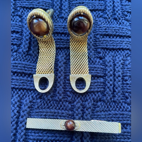 Vintage SWANK MESH WRAP CUFFLINKS & TIE BAR SET With Tigers Eye Stone - Picture 7 of 7